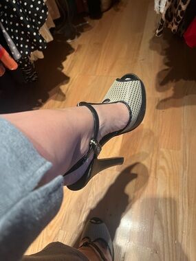 Fendi Black and Cream Peep-Toe Mary Jane Heel with Ankle Strap
